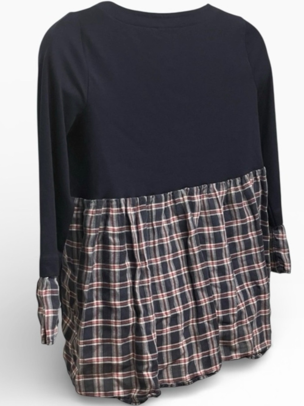 LOFT Navy Mixed Media Tunic Top XS Plaid Contrast Trim Long Sleeve Peplum Blouse - Picture 3 of 5